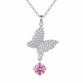 wholesale 925 Sterling Silver Butterfly Pendant Necklace With Pink Moissanite Drop For Women-0-0