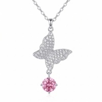 wholesale 925 Sterling Silver Butterfly Pendant Necklace With Pink Moissanite Drop For Women-