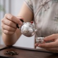 wholesale 925 Sterling Silver Handcrafted Hammered Silver Teapot with Magnolia Flower Engraving and Red Finial - Handicraft-0-3