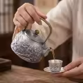 wholesale 925 Sterling Silver Handcrafted Silver Teapot Featuring Intricate Peony Engravings and a Woven Handle with Gemstone Knob - Handicraft-0-3