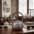 wholesale 999 Pure Silver Handcrafted Carp Lotus Embossed Rattan Handle Teapot-0-2