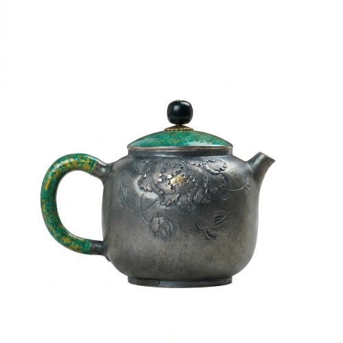 999纯银古董茶壶，绿色珐琅把手，花卉雕刻