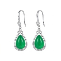 wholesale 925 Sterling Silver Elegant Green Jade Teardrop Drop Earring with Sparkling CZ-Like Accents in White Metal-undefined