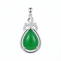 wholesale 925 Sterling Silver Teardrop Green Jade Pendant With Cubic Zirconia Bow Design-undefined