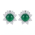 wholesale 925 Sterling Silver Elegant Green Cabochon Floral Halo Jewelry with Shimmering Clear Gemstone Petals-0-0