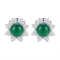 wholesale 925 Sterling Silver Elegant Green Cabochon Floral Halo Jewelry with Shimmering Clear Gemstone Petals-undefined