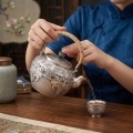 wholesale 999 Pure Silver Teapot Vintage Embossed Copper Inlay Rattan Handle Teaware-0-3