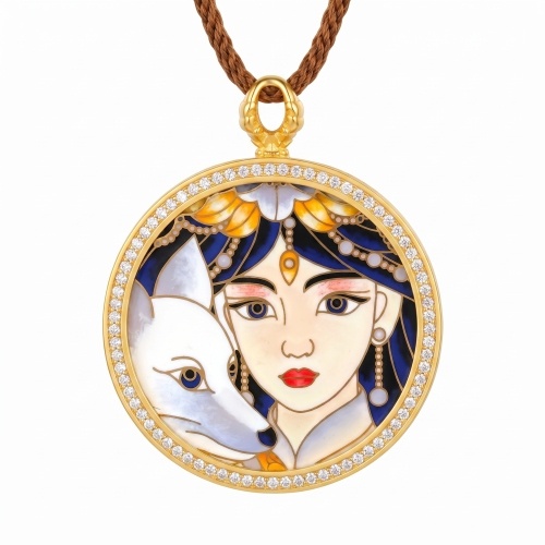 24K精美微型肖像吊坠，描绘了一位宁静的女子和她神秘的白狐伙伴。
