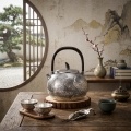 wholesale 999 Pure Silver Teapot Hammered Peacock Gold Plated Wooden Handle Tea Kettle-0-3