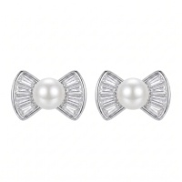 wholesale 925 Sterling Silver Bow Pearl Cubic Zirconia Stud Earrings For Women-undefined
