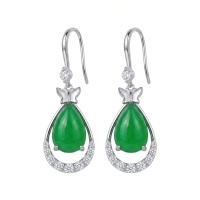 wholesale 925 Sterling Silver Elegant Pear-shaped Green Jade Butterfly Drop Earring With Sparkling White Accents-undefined