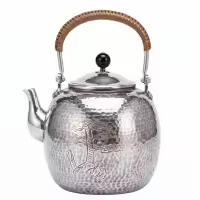 wholesale 925 Sterling Silver Elegant Hammered Metallic Tea Kettle with Woven Handle and Etched Pine Tree Landscape - Handicraft-undefined
