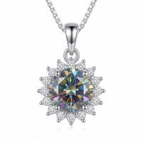 wholesale 925 Sterling Silver Rainbow Moissanite Halo Pendant Necklace With Chain For Women-