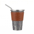 wholesale 999 Pure Silver Floral Embossed Tumbler Cup With Zircon Accents Leather Sleeve Straw-0-0