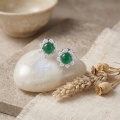 wholesale 925 Sterling Silver Elegant Green Cabochon Floral Halo Jewelry with Shimmering Clear Gemstone Petals-0-3
