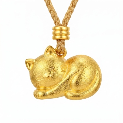 24K可爱睡猫吊坠，配优雅编织挂绳