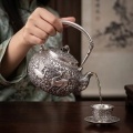 wholesale 999 Pure Silver Teapot Embossed Deer Crane Floral Vintage Tea Kettle-0-3