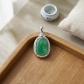 wholesale 925 Sterling Silver Elegant Green Jade Carved Pendant with CZ Halo in White Gold Setting-0-3