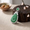 wholesale 925 Sterling Silver Carved Green Jade Drop Pendant With Cubic Zirconia For Women-0-1