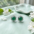 wholesale 925 Sterling Silver Elegant Green Jadeite Flower Stud Earring in Sterling Silver with Shimmering Accents-0-1