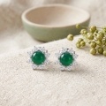 wholesale 925 Sterling Silver Elegant Green Cabochon Floral Halo Jewelry with Shimmering Clear Gemstone Petals-0-2