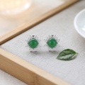 wholesale 925 Sterling Silver Elegant Green Cabochon Floral Halo Jewelry with Shimmering Clear Gemstone Petals-0-1