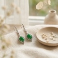 wholesale 925 Sterling Silver Elegant Sterling Silver Green Jadeite Cabochon Dangle Earrings with Sparkling Accents-0-1