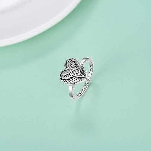 Sterling Silver Circular Shaped Cubic Zirconia Angel Wing & Heart Urn Ring with Engraved Word-3