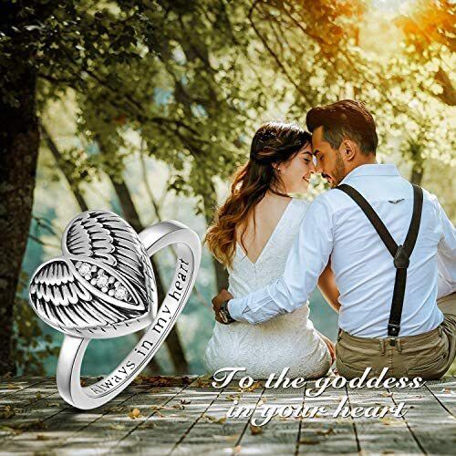 Sterling Silver Circular Shaped Cubic Zirconia Angel Wing & Heart Urn Ring with Engraved Word-5