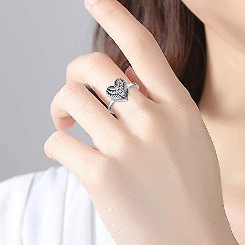 Sterling Silver Circular Shaped Cubic Zirconia Angel Wing & Heart Urn Ring with Engraved Word-2