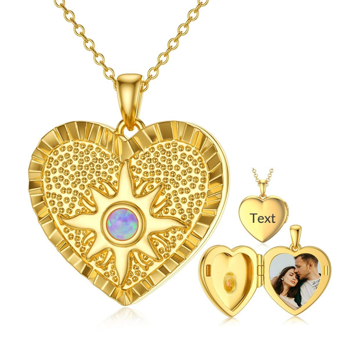 Sterling Silver with Yellow Gold Plated Circular Shaped Opal Personalized Engraving & Personalized Photo Personalized Photo Locket Necklace-1