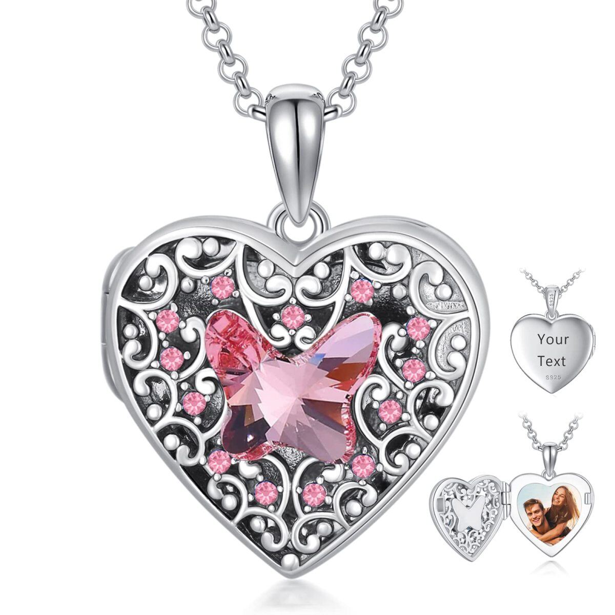 Sterling Silver Crystal Heart Personalized Photo Locket Necklace-1