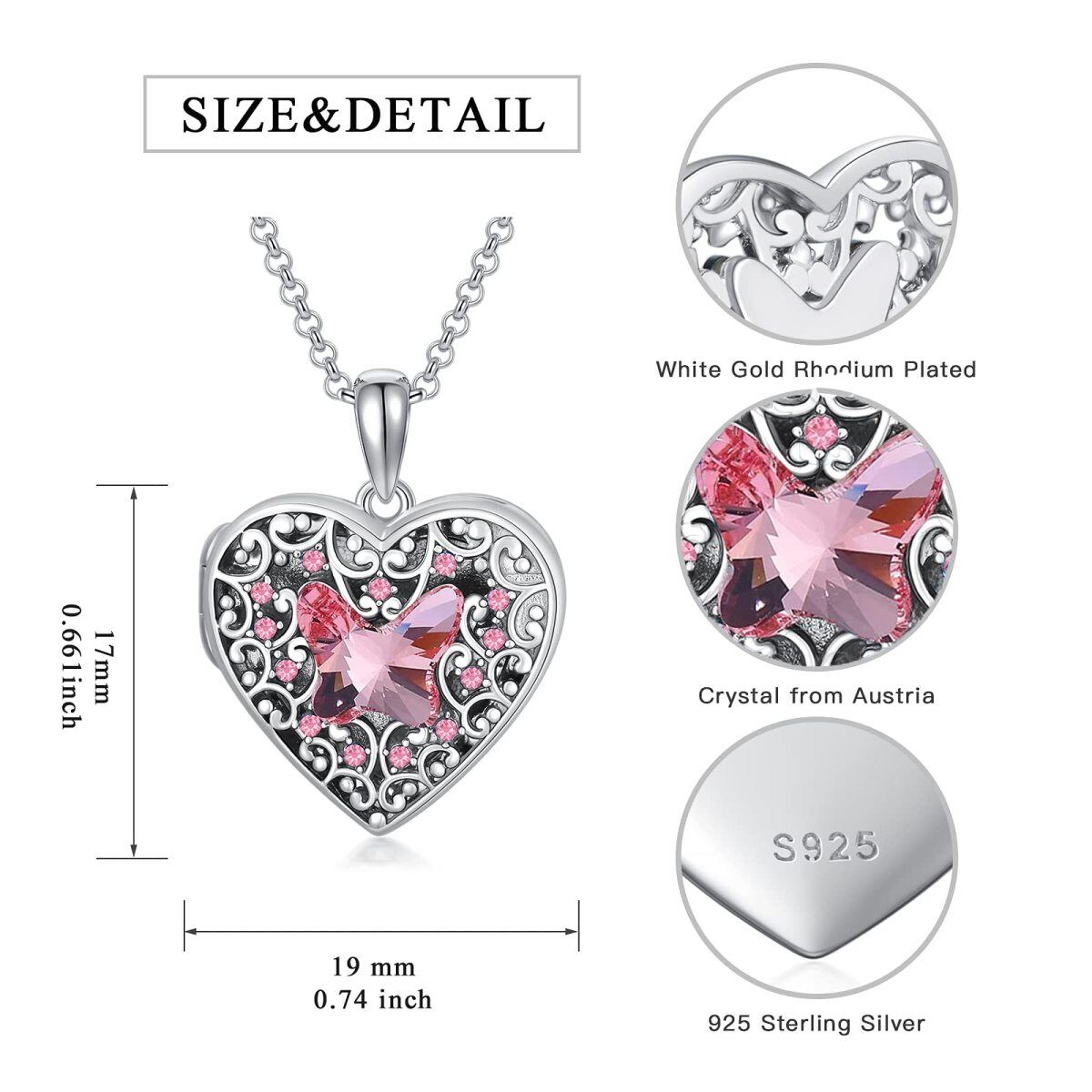Sterling Silber Kristall Herz personalisierte Foto Medaillon Halskette-5