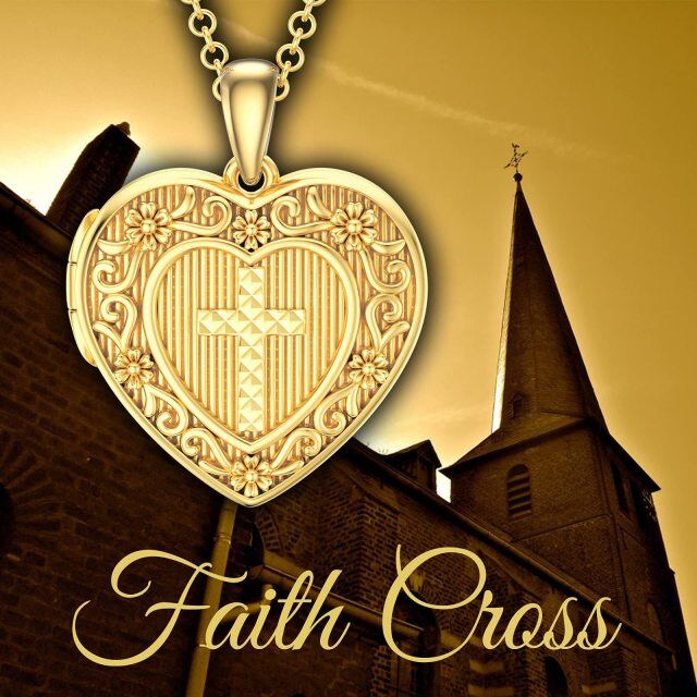 Sterling Silver with Yellow Gold Plated Cross Heart Personalized Engraving Photo Locket Necklace-2