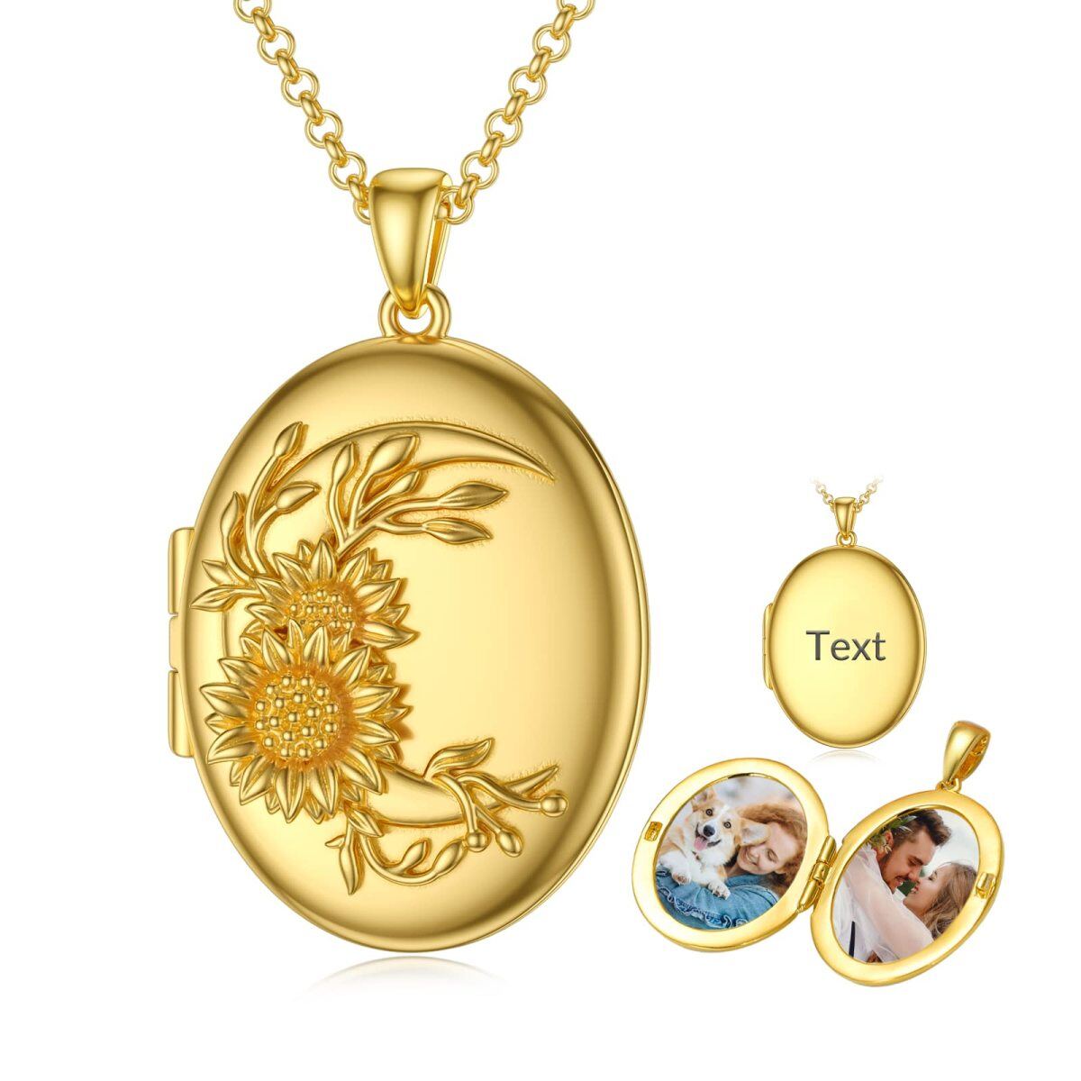 Sterling Silver with Yellow Gold Plated Sunflower Round Personalized Engraving Photo Locket Necklace-1