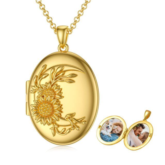 Sterling Silver with Yellow Gold Plated Sunflower Round Personalized Engraving Photo Locket Necklace-2