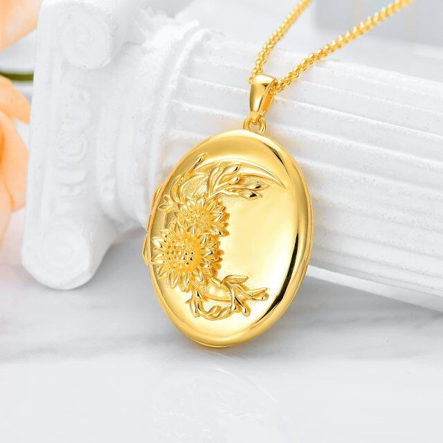 Sterling Silver with Yellow Gold Plated Sunflower Round Personalized Engraving Photo Locket Necklace-5