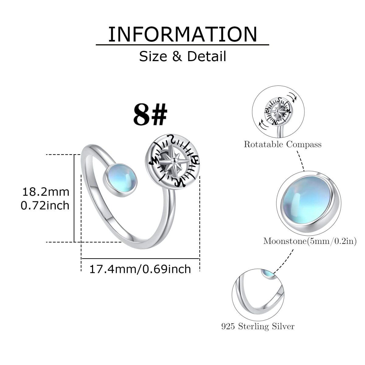 Sterling Silver Moonstone Compass Open Ring-6