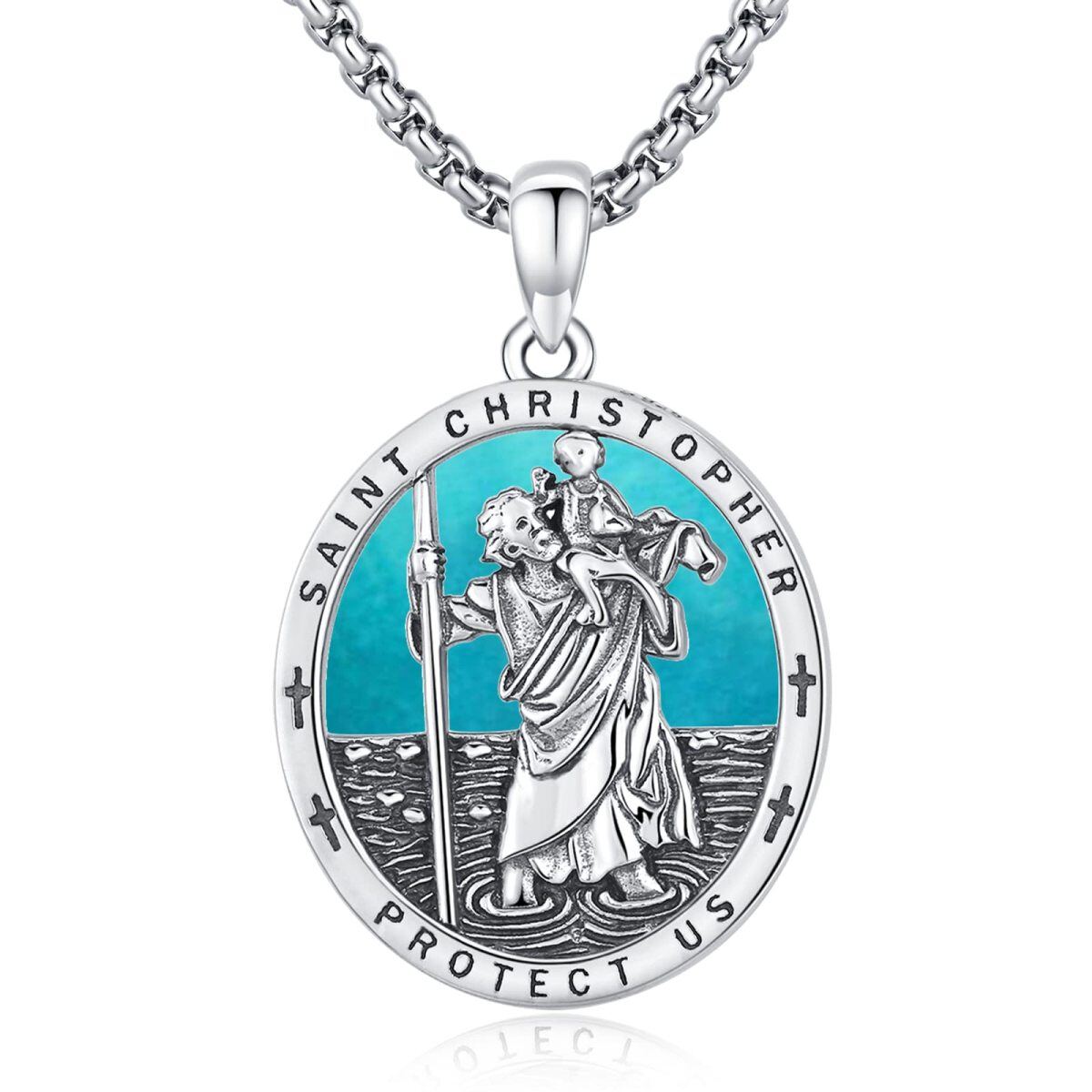 Sterling Silber Türkis Saint Christopher Anhänger Halskette mit eingraviertem Wort für Män-1
