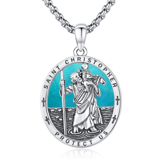 Sterling Silver Turquoise Saint Christopher Pendant Necklace with Engraved Word for Men-1