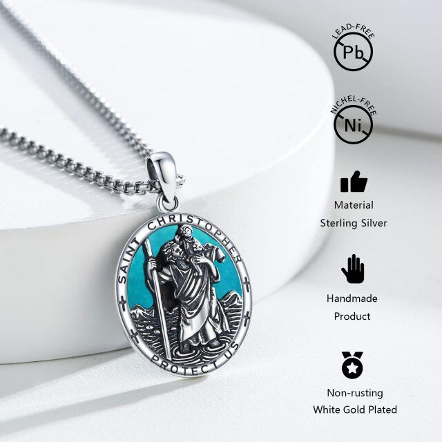 Sterling Silver Turquoise Saint Christopher Pendant Necklace with Engraved Word for Men-2