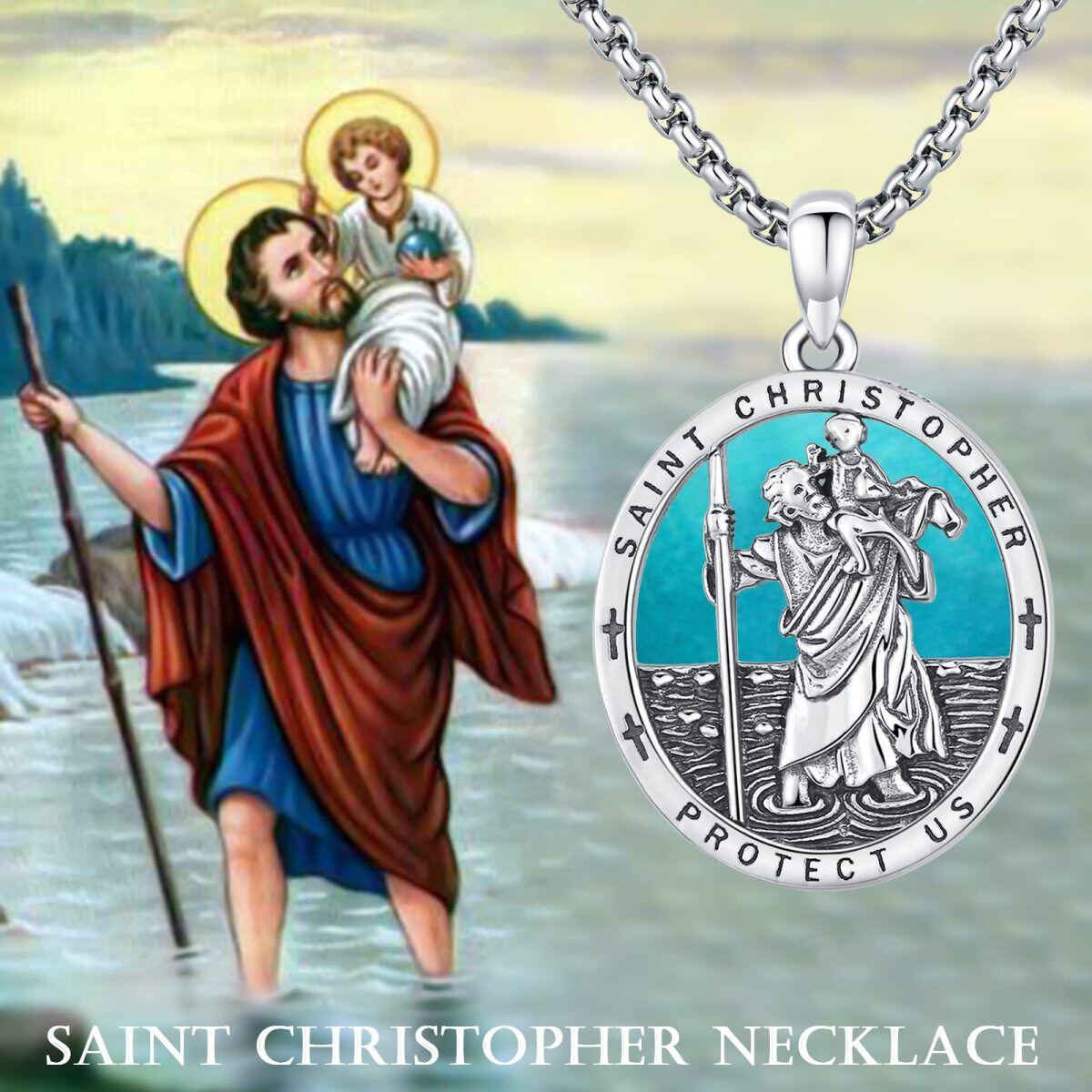 Sterling Silver Turquoise Saint Christopher Pendant Necklace with Engraved Word for Men-5