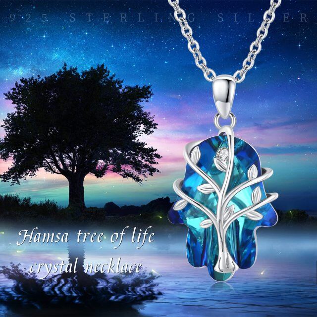 Sterling Silver Tree Of Life & Hamsa Hand Crystal Pendant Necklace-6