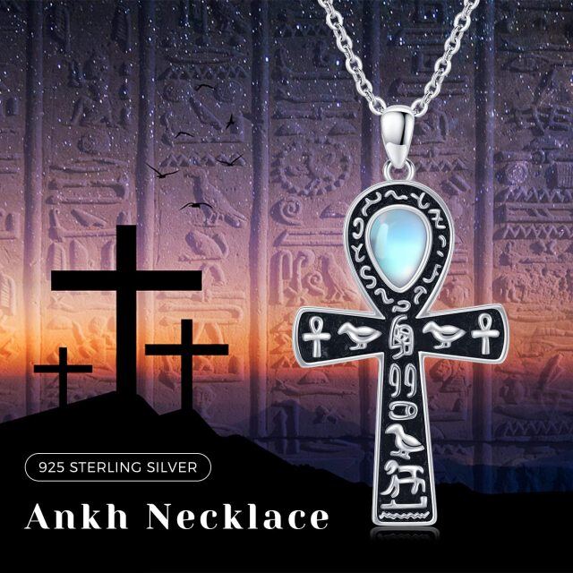 Sterling Silver Pear Shaped Moonstone Ankh Pendant Necklace-6