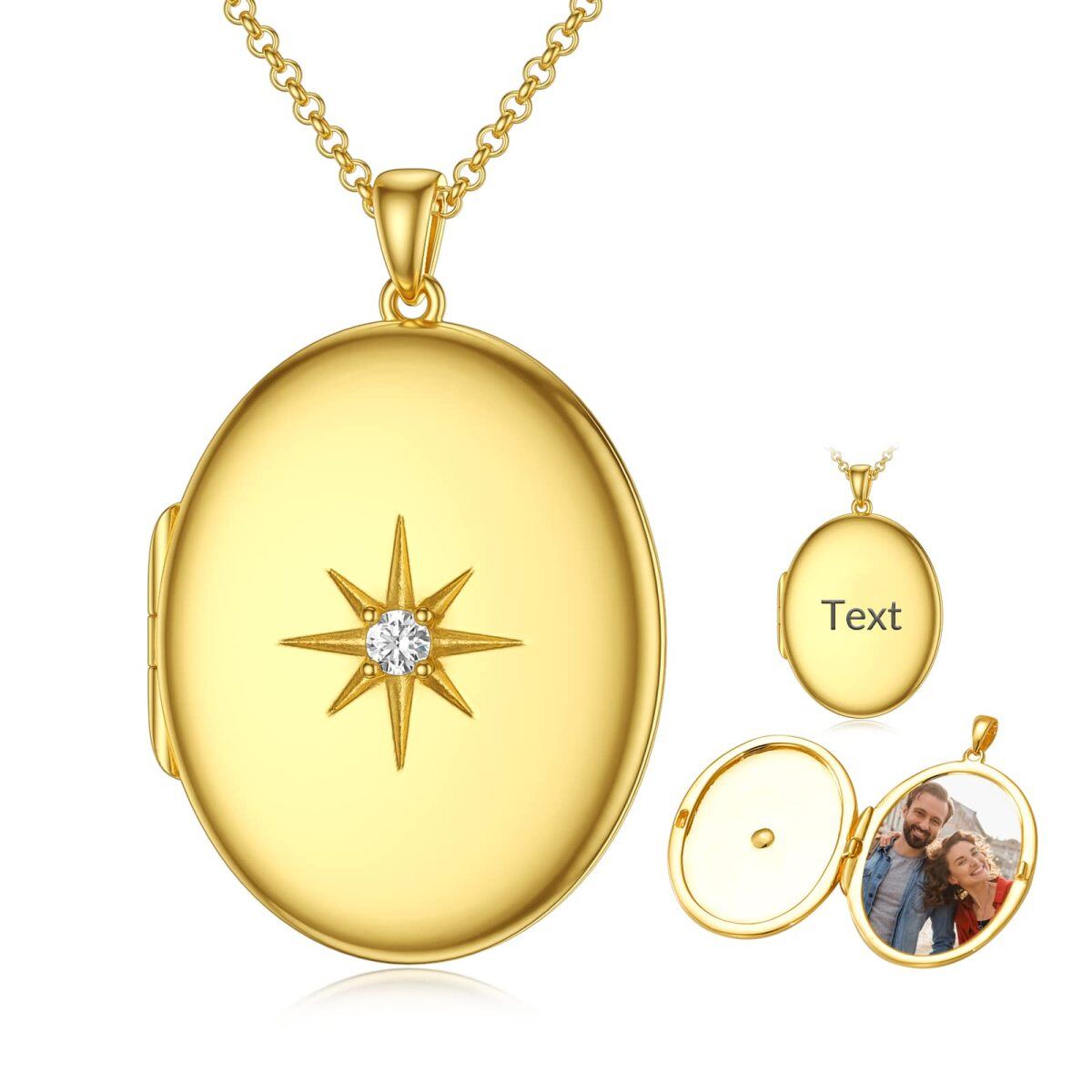 Sterling Silver with Yellow Gold Plated Star Circular Oval Shaped Cubic Zirconia Personalized Engraving Photo Locket Necklace-1