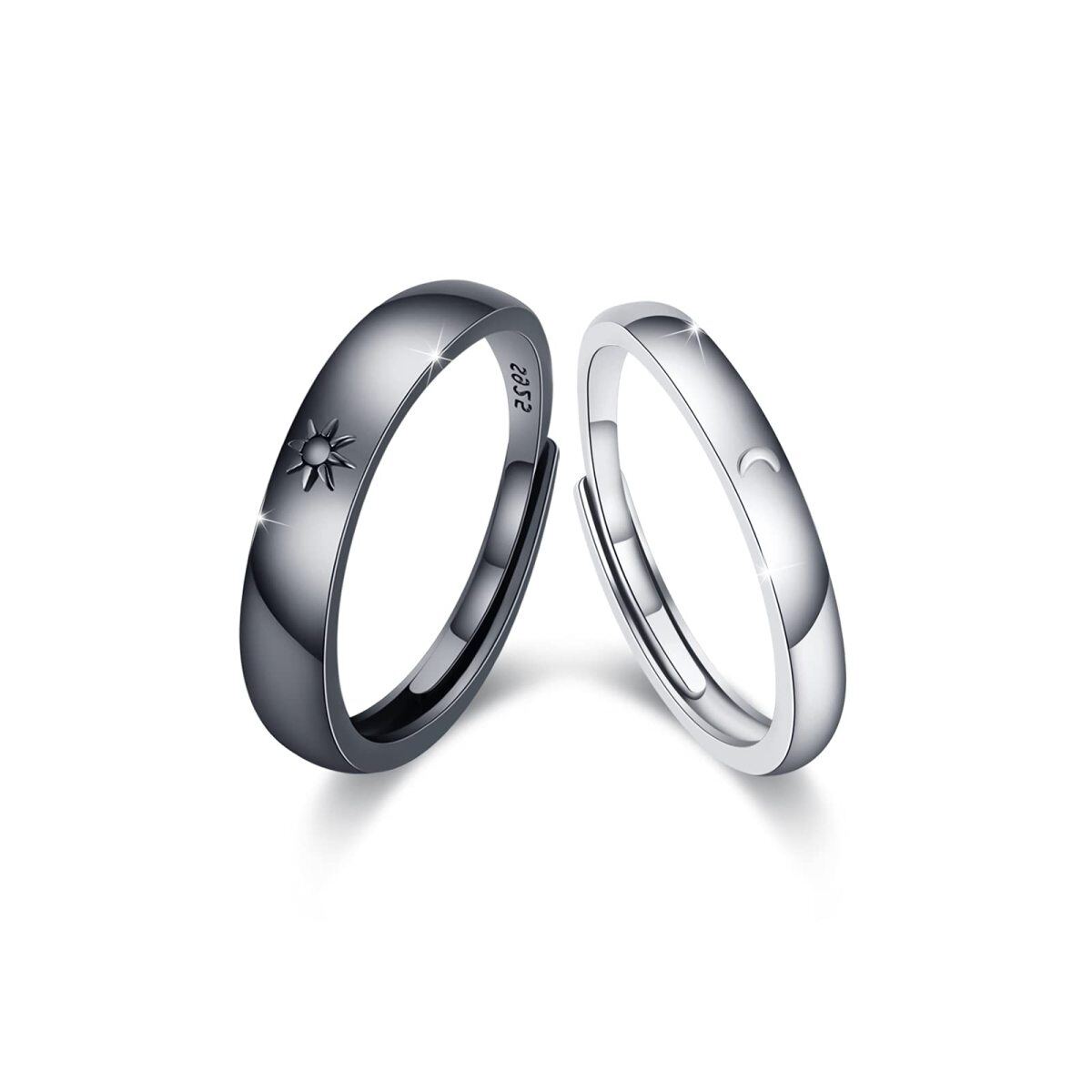 Sterling Silver with Black Color Plated Moon & Sun Couple Rings-1
