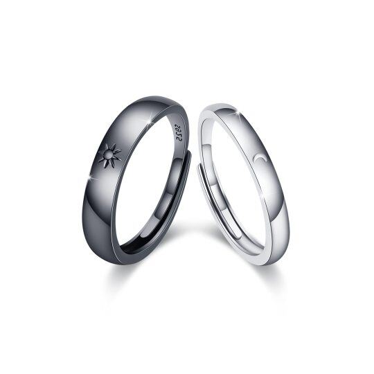 Sterling Silver with Black Color Plated Moon & Sun Couple Rings