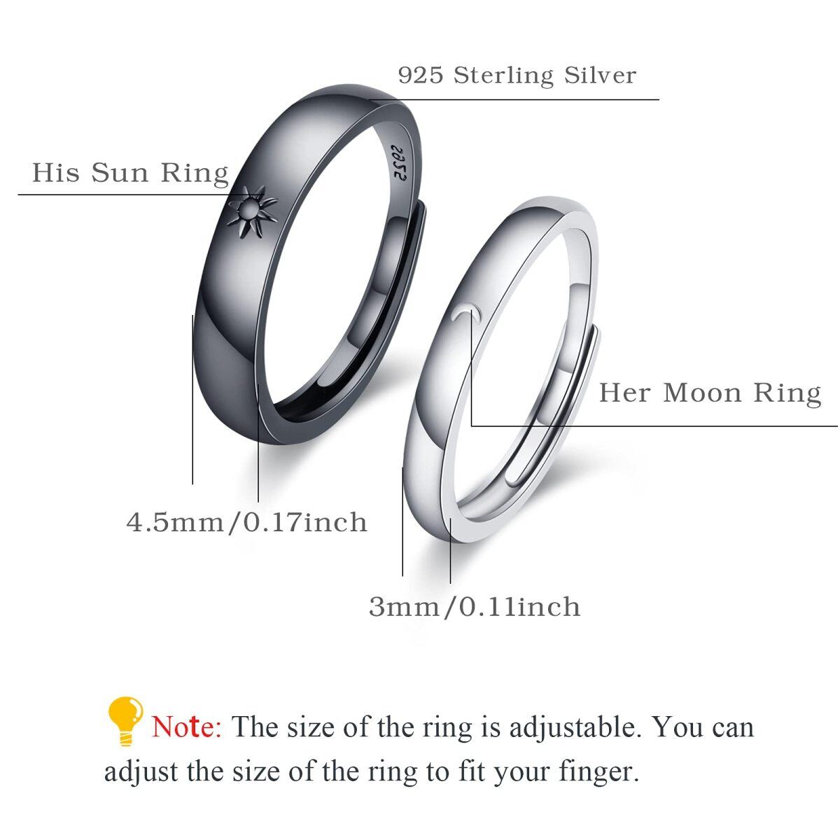 Sterling Silver with Black Color Plated Moon & Sun Couple Rings-6