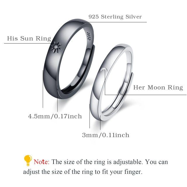 Sterling Silver with Black Color Plated Moon & Sun Couple Rings-5