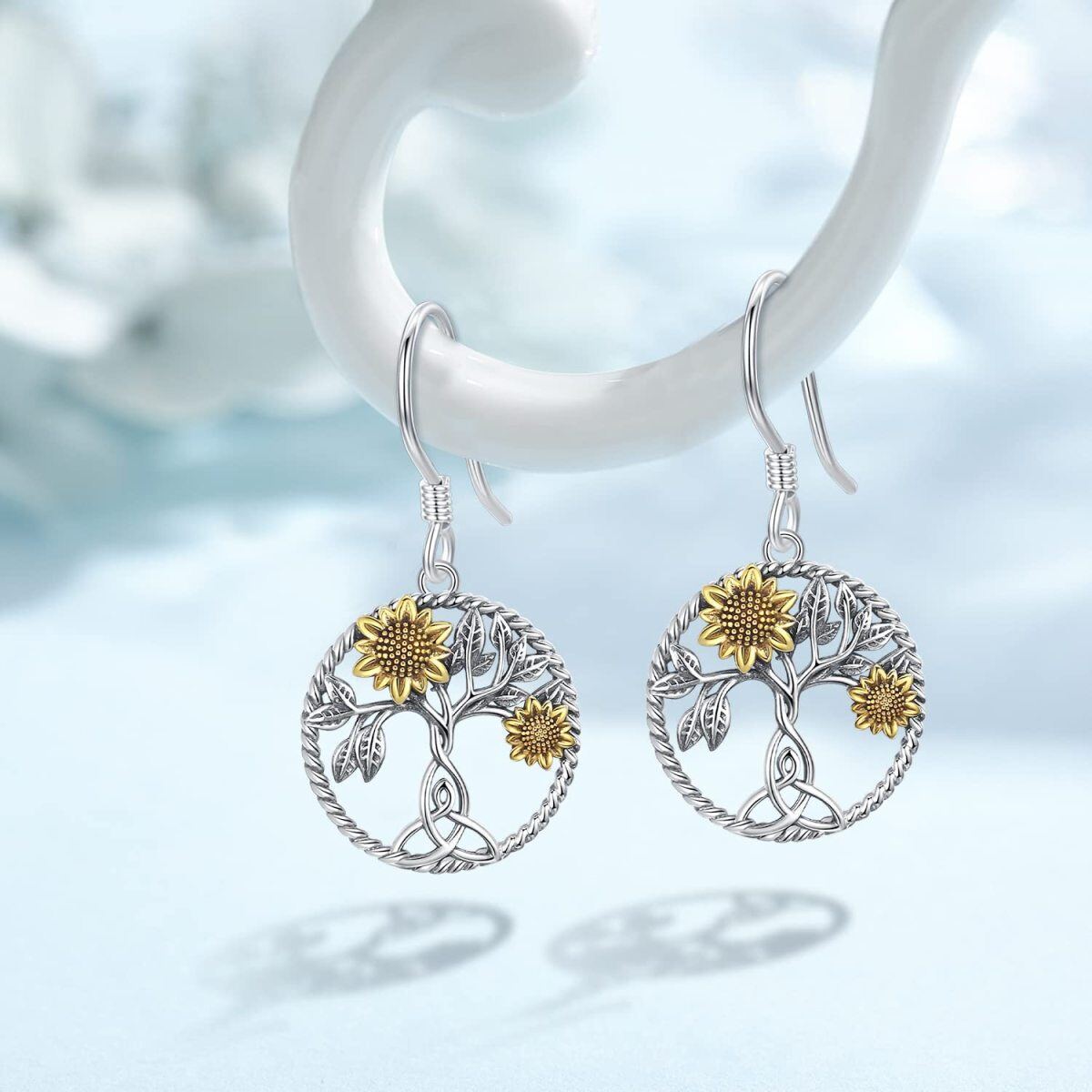 Sterling Silver Two-tone Sunflower & Tree Of Life Drop Earrings-5